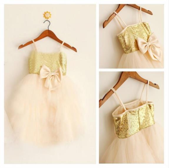 Tulle Princess Spaghetti Straps Sequin Flower Girl Dresses With Bowknot