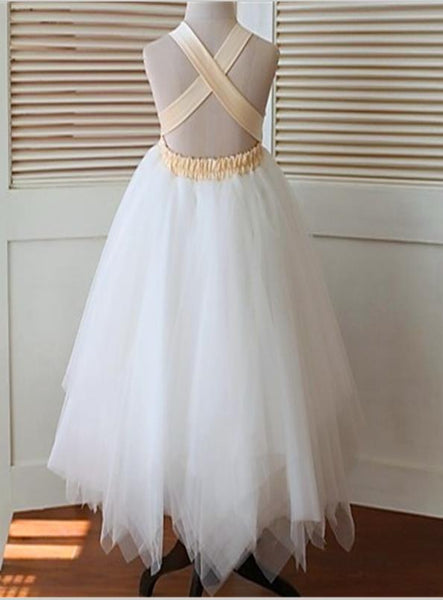 Tulle Sleeveless Straps Flower Girl Dresses With Hand-made Flower Tea Length Ball Gown