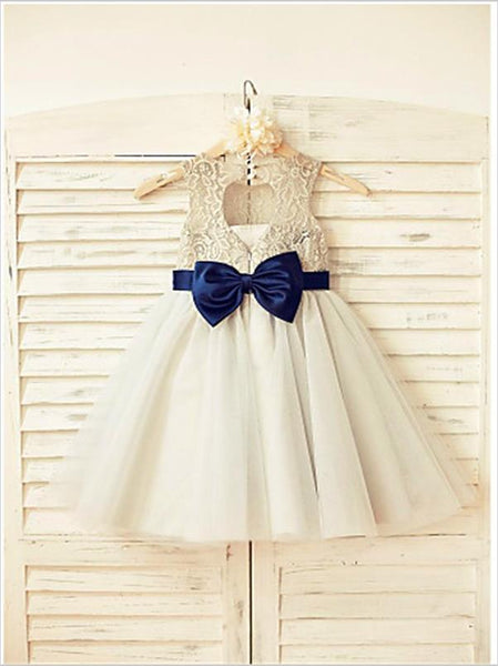 Tulle Lace Scoop Sleeveless Flower Girl Dresses Tea Length Dress