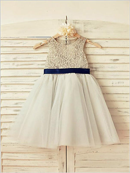 Tulle Lace Scoop Sleeveless Flower Girl Dresses Tea Length Dress