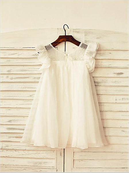 Chiffon Lace Princess Short Sleeves Flower Girl Dresses Tea Length Dress