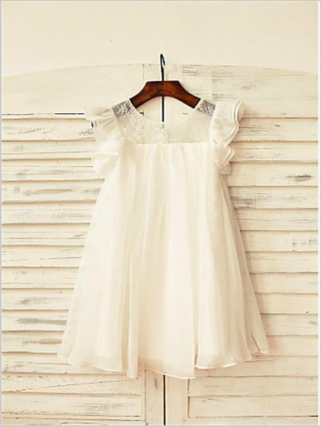 Chiffon Lace Princess Short Sleeves Flower Girl Dresses Tea Length Dress