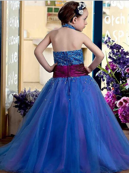 Tulle Halter Sleeveless Sequins Flower Girl Dresses Floor Length Ball Gown