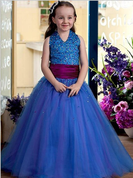 Tulle Halter Sleeveless Sequins Flower Girl Dresses Floor Length Ball Gown