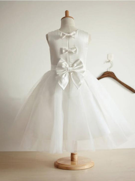 Long Tulle Ball Gown Sleeveless Flower Girl Dresses With Bowknot