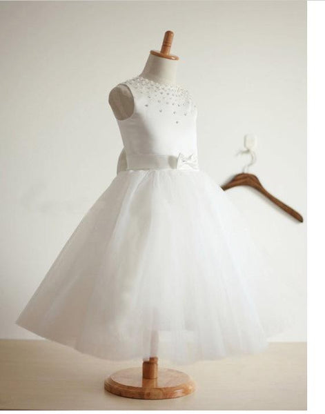 Long Tulle Ball Gown Sleeveless Flower Girl Dresses With Bowknot