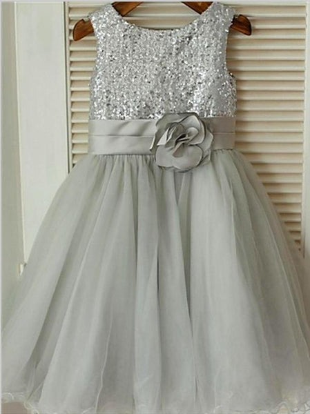 Princess Tulle Scoop Sequin Flower Girl Dresses Tea Length Dress