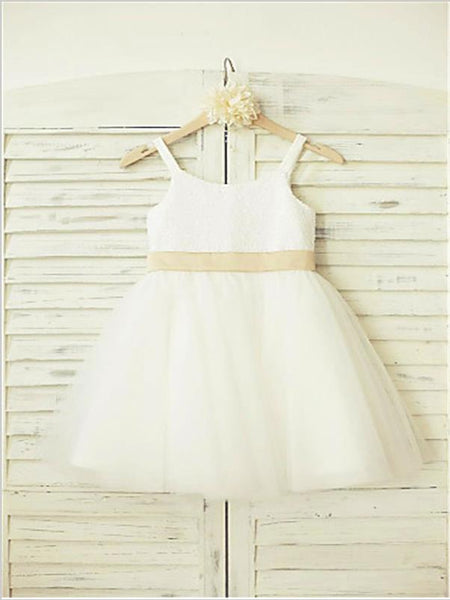 Tulle Princess Spaghetti Straps Flower Girl Dresses Floor Length Dress With Bowknot