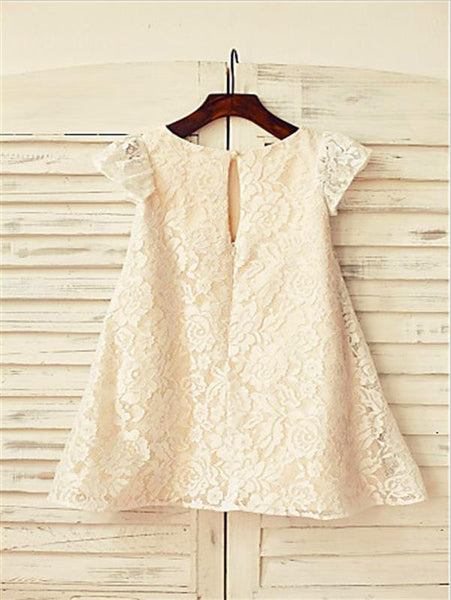 Lace Princess Scoop Short Sleeves Flower Girl Dresses Tea Length Dress