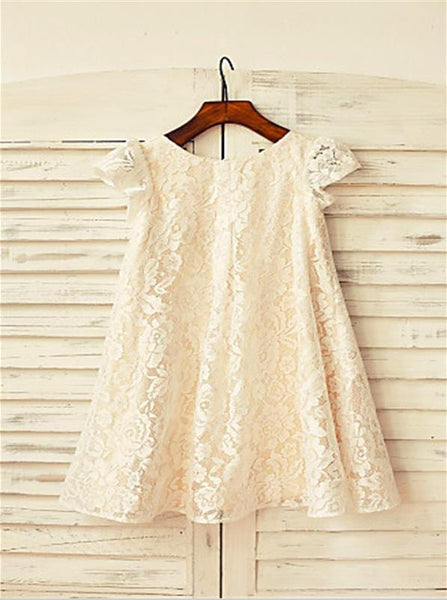 Lace Princess Scoop Short Sleeves Flower Girl Dresses Tea Length Dress