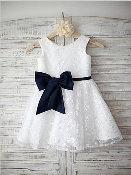 Lace Princess Scoop Sleeveless Flower Girl Dresses Floor Length Dress with Bowknot