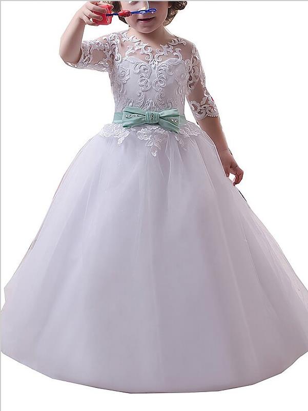Ball Gown Jewel 1/2 Sleeves Lace Floor-Length Tulle Flower Girl Dresses