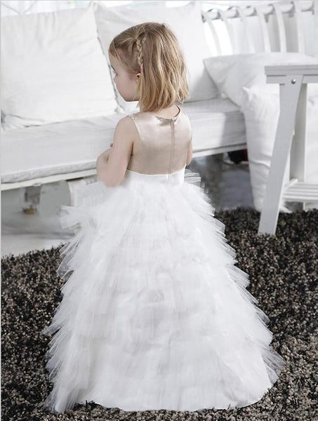 Princess Long Tulle Scoop Sleeveless Flower Girl Dresses With Bowknot