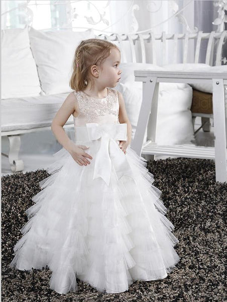 Princess Long Tulle Scoop Sleeveless Flower Girl Dresses With Bowknot