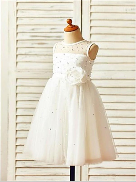 Tulle Princess Sleeveless Tea Length Flower Girl Dresses With Hand-made Flower