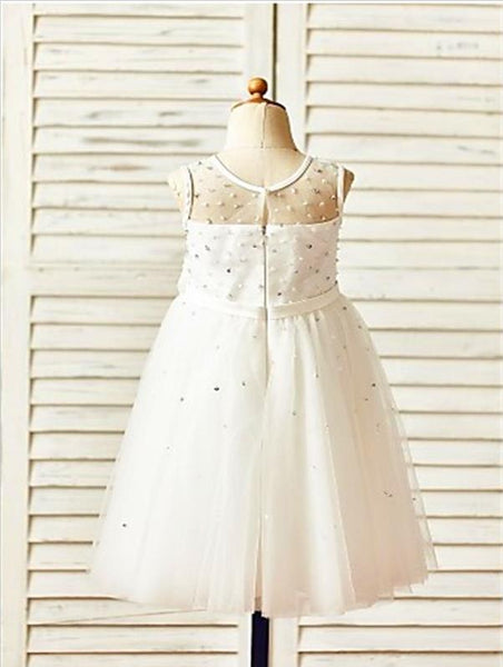 Tulle Princess Sleeveless Tea Length Flower Girl Dresses With Hand-made Flower