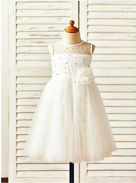 Tulle Princess Sleeveless Tea Length Flower Girl Dresses With Hand-made Flower