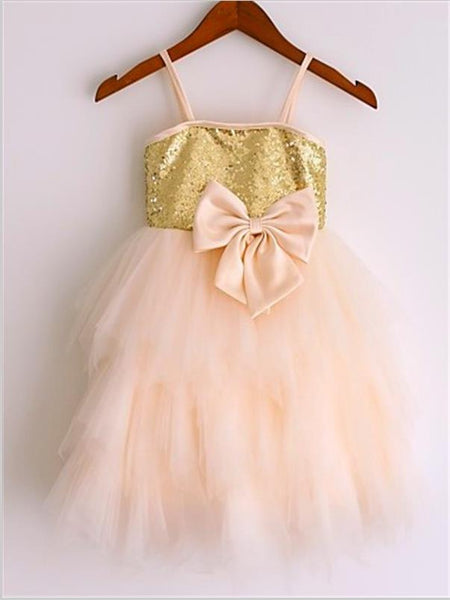 Princess Spaghetti Straps Sleeveless Sequin Flower Girl Dresses Tea Length Dress