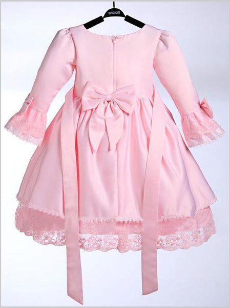 Long Satin Princess Scoop 3/4 Sleeves Flower Girl Dresses With Bowknot