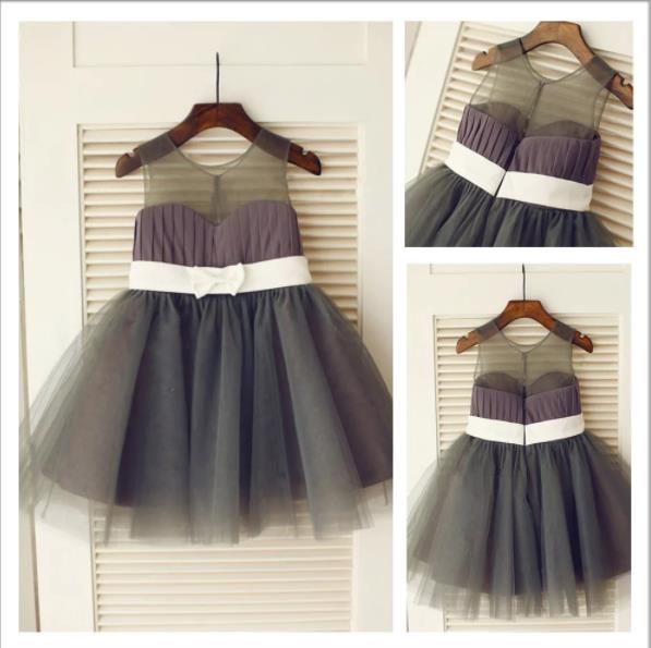 Long Tulle Princess Scoop Flower Girl Dresses With Bowknot