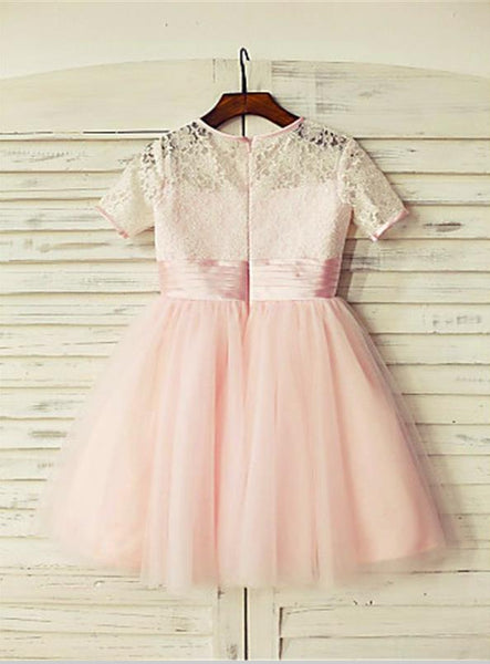 Lace Tulle Princess Short Sleeves Flower Girl Dresses Floor Length Dress