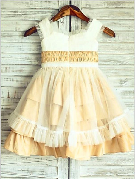 Satin Princess Square Sleeveless Flower Girl Dresses Tea Length Dress