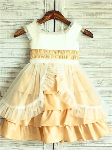 Satin Princess Square Sleeveless Flower Girl Dresses Tea Length Dress