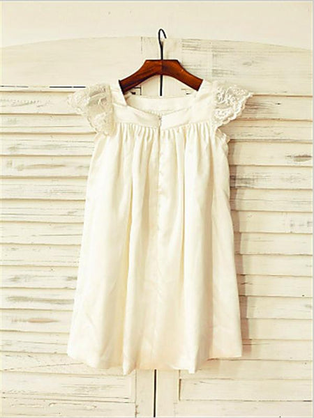 Lace Chiffon Short Sleeves Flower Girl Dresses Tea Length Dress