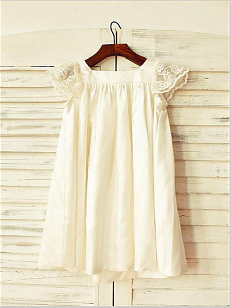 Lace Chiffon Short Sleeves Flower Girl Dresses Tea Length Dress