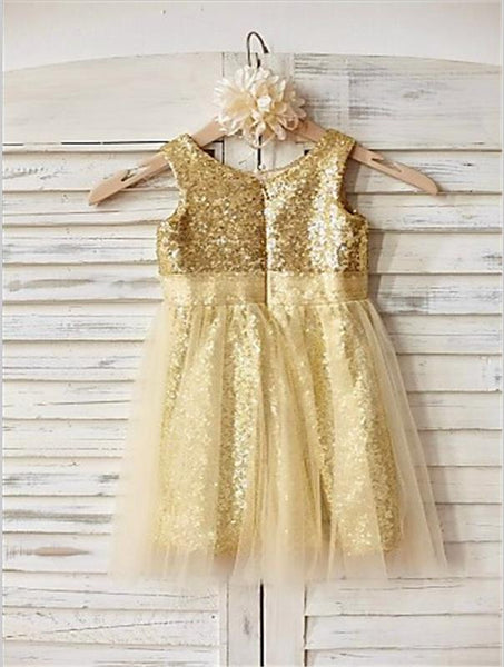 Ruffles Sequins Princess Scoop Sleeveless Flower Girl Dresses Tea Length Dress