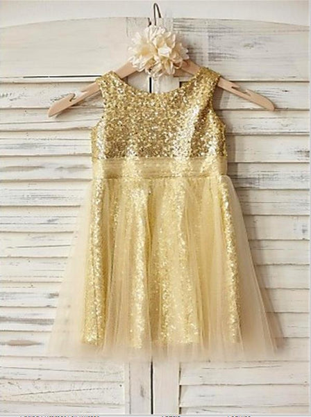 Ruffles Sequins Princess Scoop Sleeveless Flower Girl Dresses Tea Length Dress