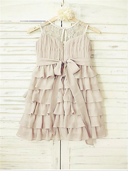 Chiffon Ruffles Princess Scoop Flower Girl Dresses Floor Length With Hand-Made Flower