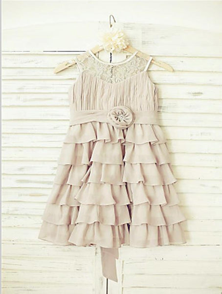Chiffon Ruffles Princess Scoop Flower Girl Dresses Floor Length With Hand-Made Flower