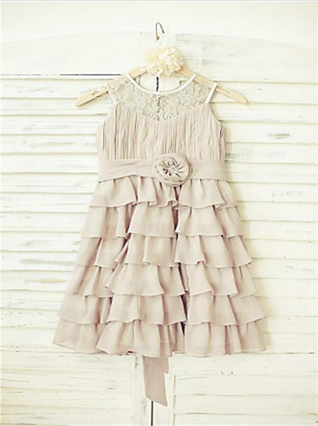 Chiffon Ruffles Princess Scoop Flower Girl Dresses Floor Length With Hand-Made Flower