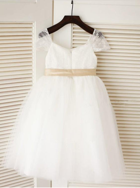 Long Tulle Scoop Sleeveless Flower Girl Dresses Ball Gown With Bowknot