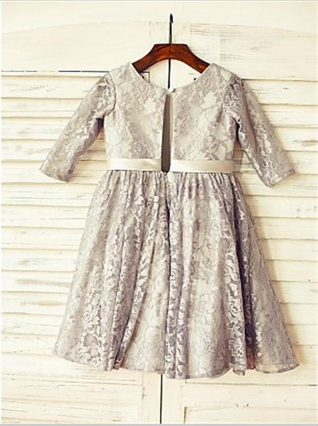 Lace Princess Scoop 3/4 Sleeves Flower Girl Dresses Floor Length Dress