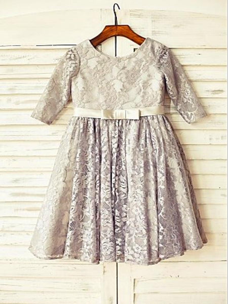 Lace Princess Scoop 3/4 Sleeves Flower Girl Dresses Floor Length Dress