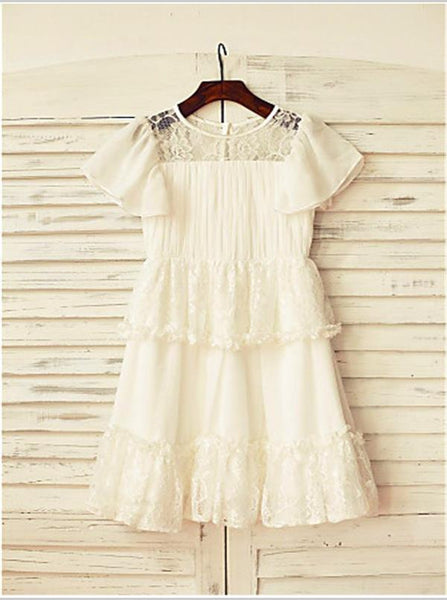Lace Chiffon Princess Scoop Short Sleeves Flower Girl Dresses Floor Length Dress