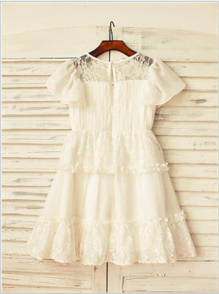 Lace Chiffon Princess Scoop Short Sleeves Flower Girl Dresses Floor Length Dress