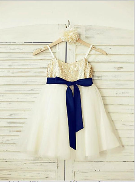 Sequin Tulle Princess Spaghetti Straps Flower Girl Dresses Ankle Length Dress