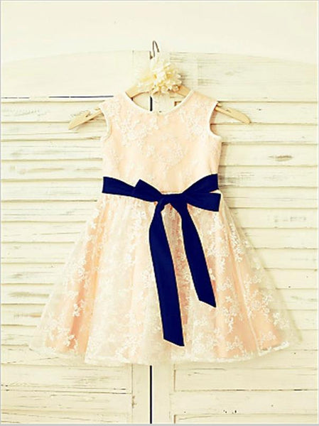 Lace Princess Scoop Sleeveless Flower Girl Dresses Ankle Length With Bowknot