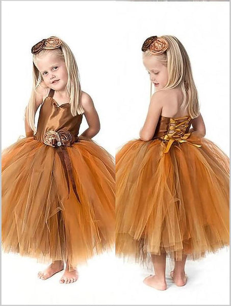 Tulle Straps Sleeveless Flower Girl Dresses Tea-Length Ball Gown With Hand-Made Flower