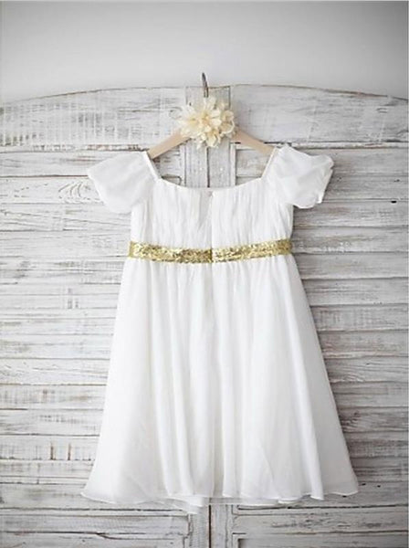 Chiffon Princess Bateau Short Sleeves Flower Girl Dresses Floor Length Dress With Beading