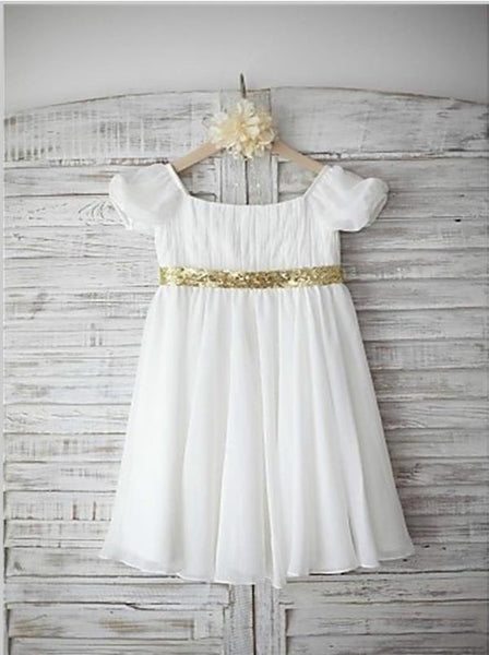 Chiffon Princess Bateau Short Sleeves Flower Girl Dresses Floor Length Dress With Beading