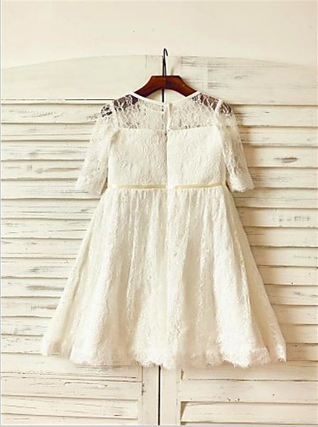 Lace Princess Scoop 3/4 Sleeves Ankle-Length Flower Girl Dresses With Hand-made Flower