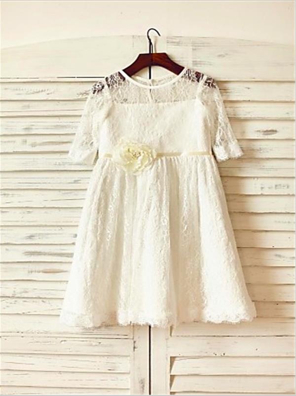 Lace Princess Scoop 3/4 Sleeves Ankle-Length Flower Girl Dresses With Hand-made Flower