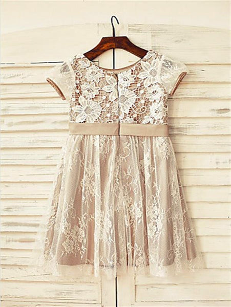 Lace Princess Scoop Short Sleeves Flower Girl Dresses With Hand-made Flower