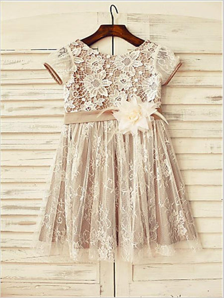 Lace Princess Scoop Short Sleeves Flower Girl Dresses With Hand-made Flower