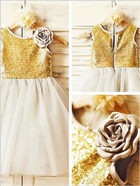 Sequin Tulle Princess Scoop Sleeveless Flower Girl Dresses Tea Length Dress
