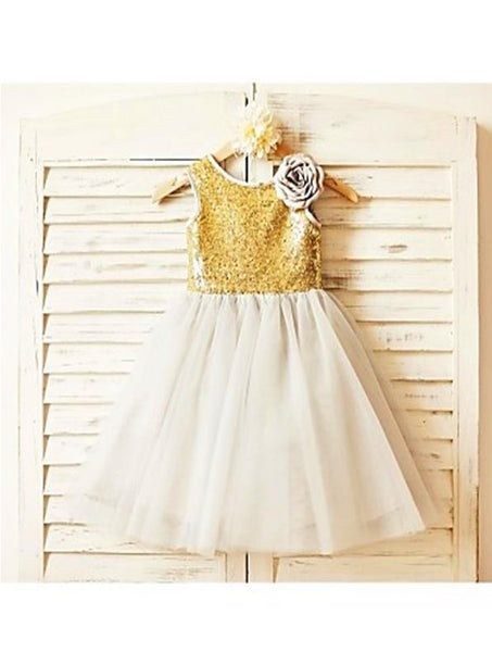 Sequin Tulle Princess Scoop Sleeveless Flower Girl Dresses Tea Length Dress